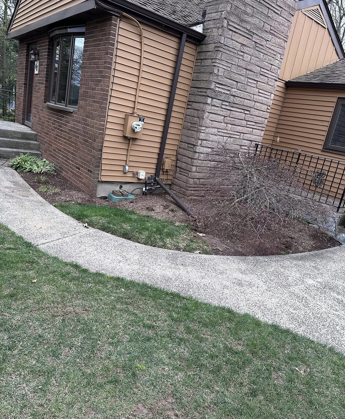 Garden bed before mulch and edging — bare patchy soil and no defined border